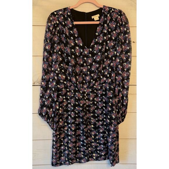 Shoshanna Dresses & Skirts - Shoshanna Black Floral Metallic V-Neck Mini Dress Long Sleeve 6 2110825